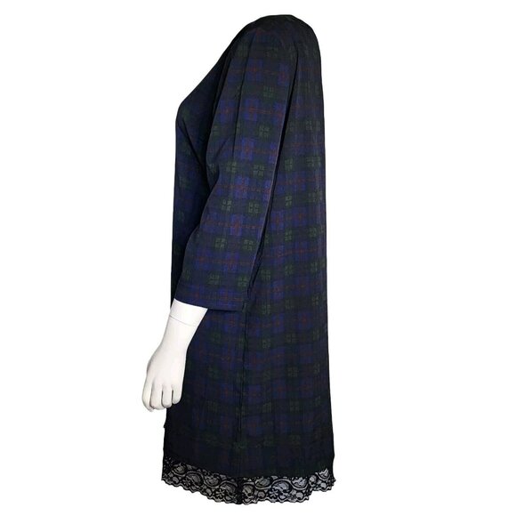 RD STYLE Blue Green Plaid Lace Detail Pullover Dress Womens SIze L Large - Picture 4 of 6
